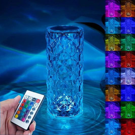 16 Colors Diamond Rose Crystal Touch Lamp | USB Rechargeable Bedside Lamp with Remote
