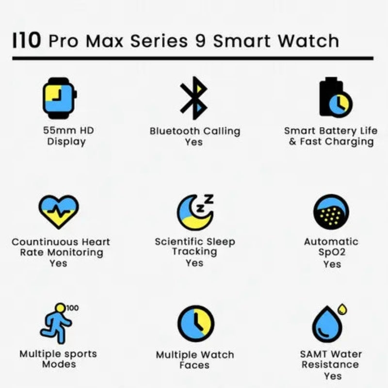 i10 Pro Max Smart Watch Series 9 | Bluetooth Calling, 2.19" HD Display, Fitness & Health Tracker